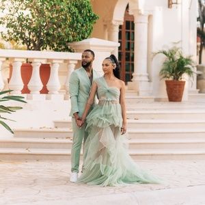 Green Ruffled Tulle One Shoulder Dress